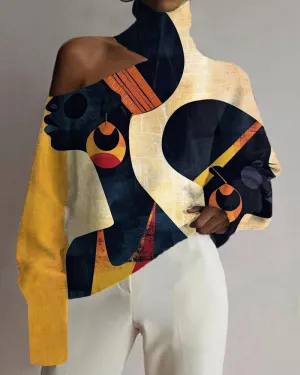 Black Vintage Oil Painting Color Matching Print Off-the-shoulder Top