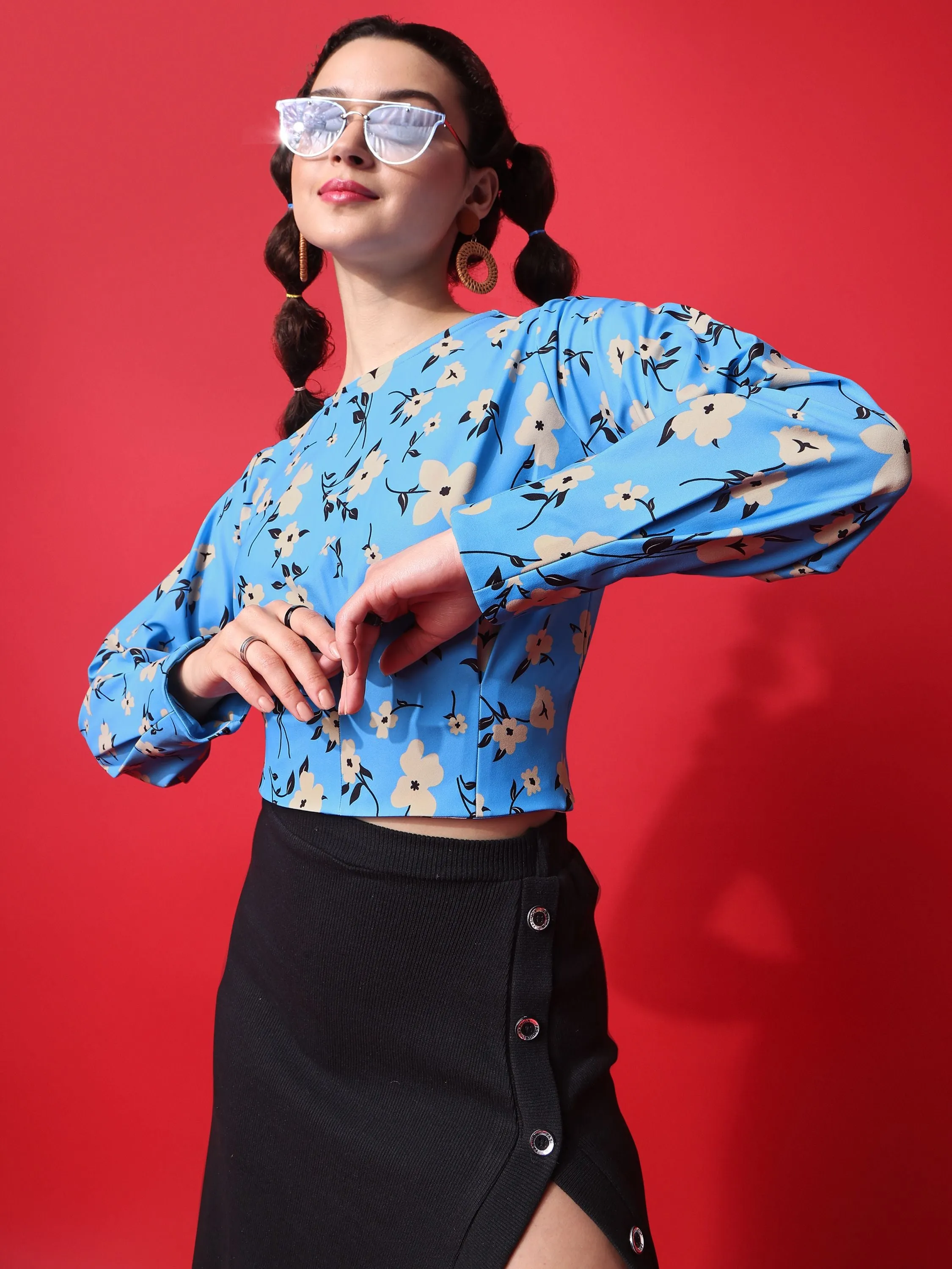 Blue Boat Neck Crop Top For Women
