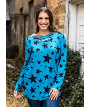 Blue Stars Caged Neck Tunic Top