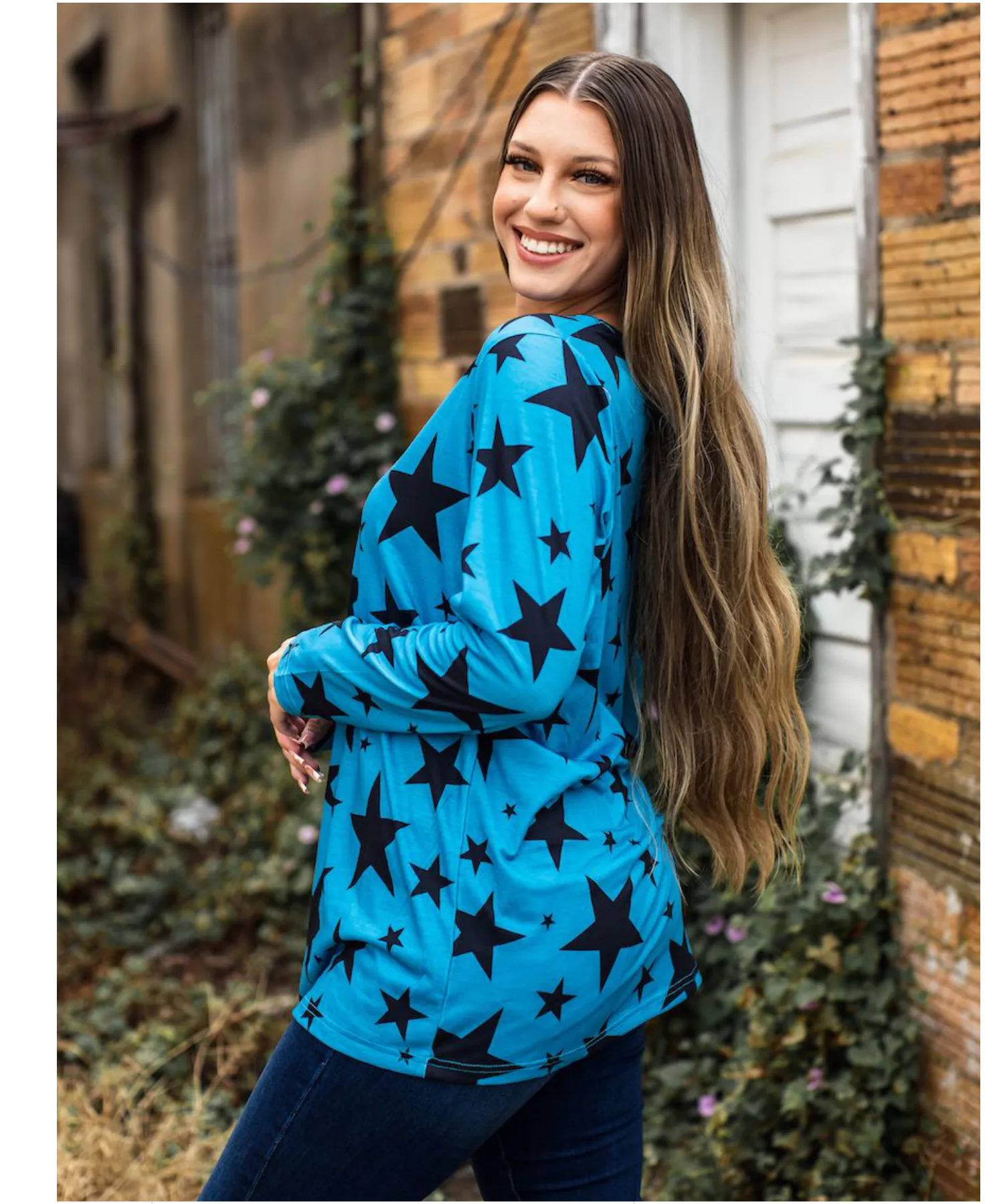 Blue Stars Caged Neck Tunic Top