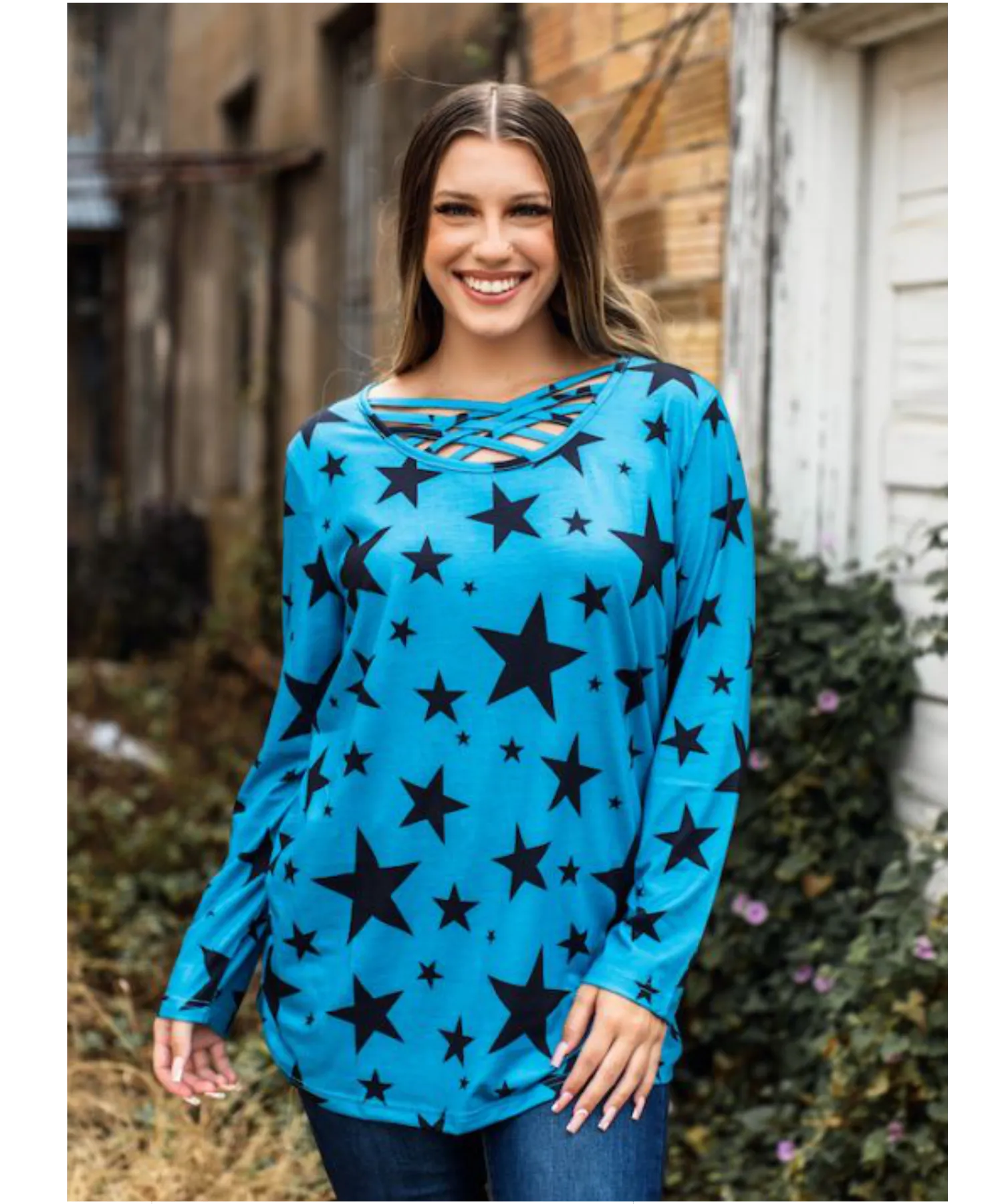 Blue Stars Caged Neck Tunic Top