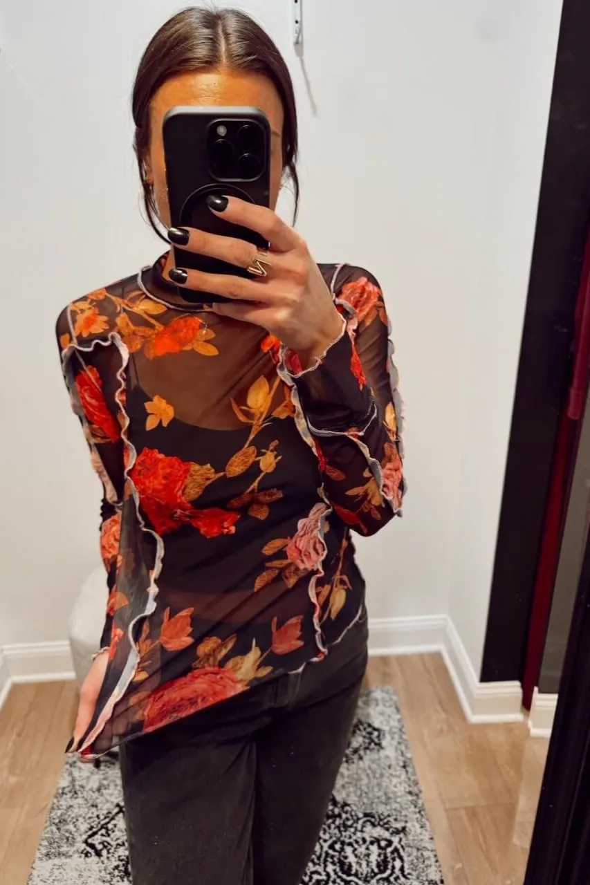Botanical Mesh Mock Neck Top