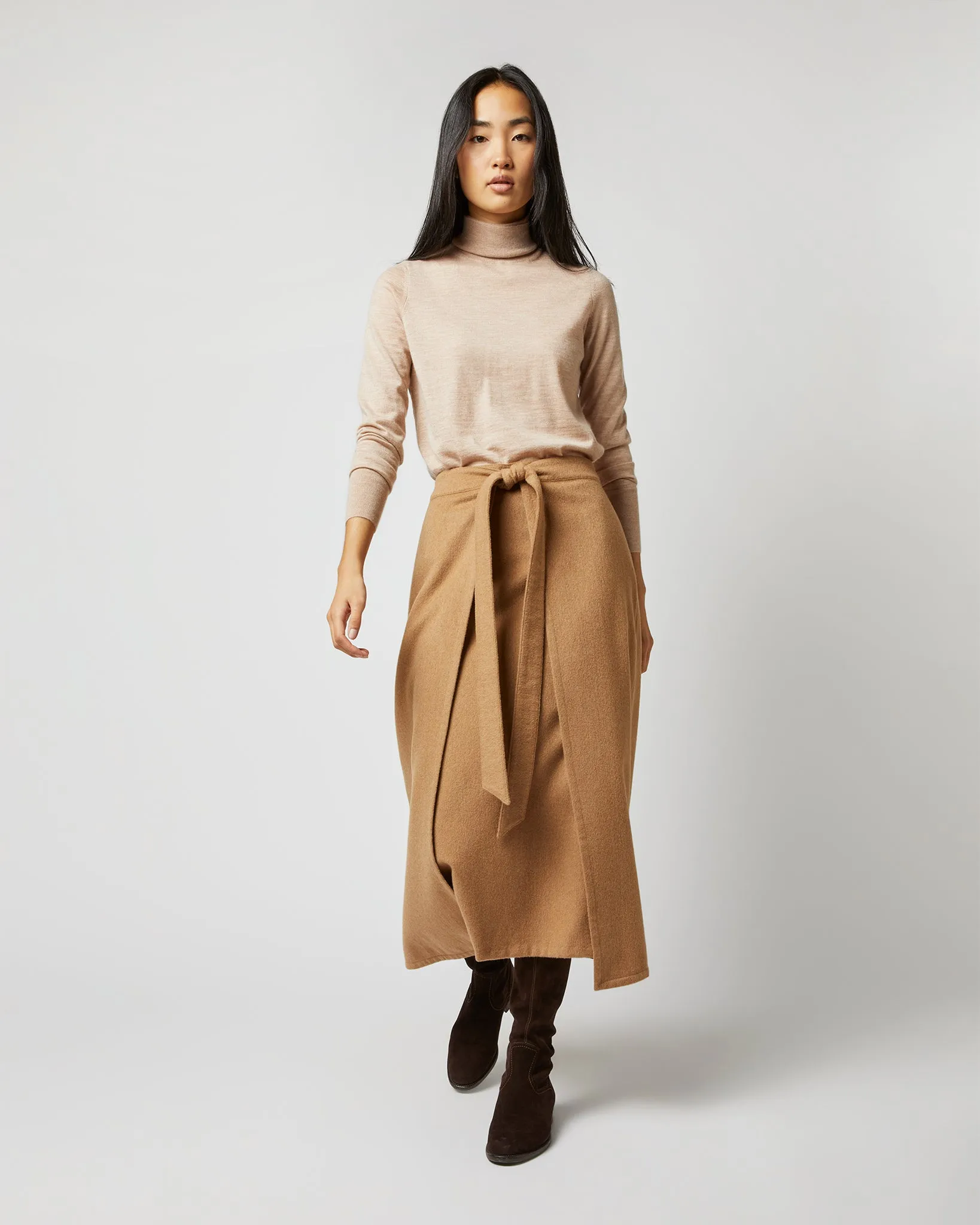 Brooke Tie-Waist Skirt in Camel Hair Flannel
