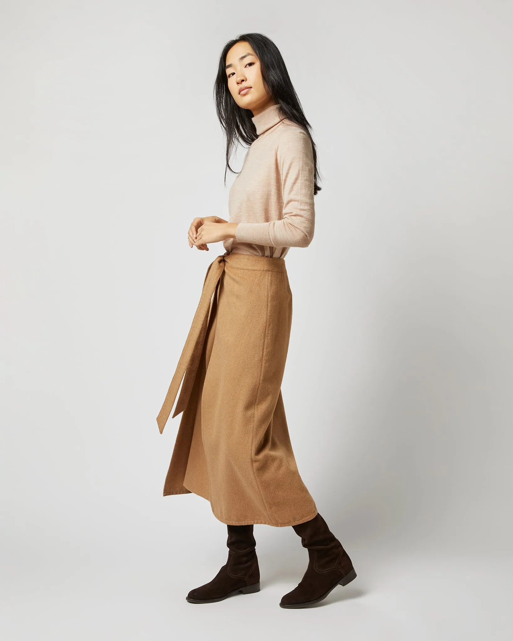 Brooke Tie-Waist Skirt in Camel Hair Flannel