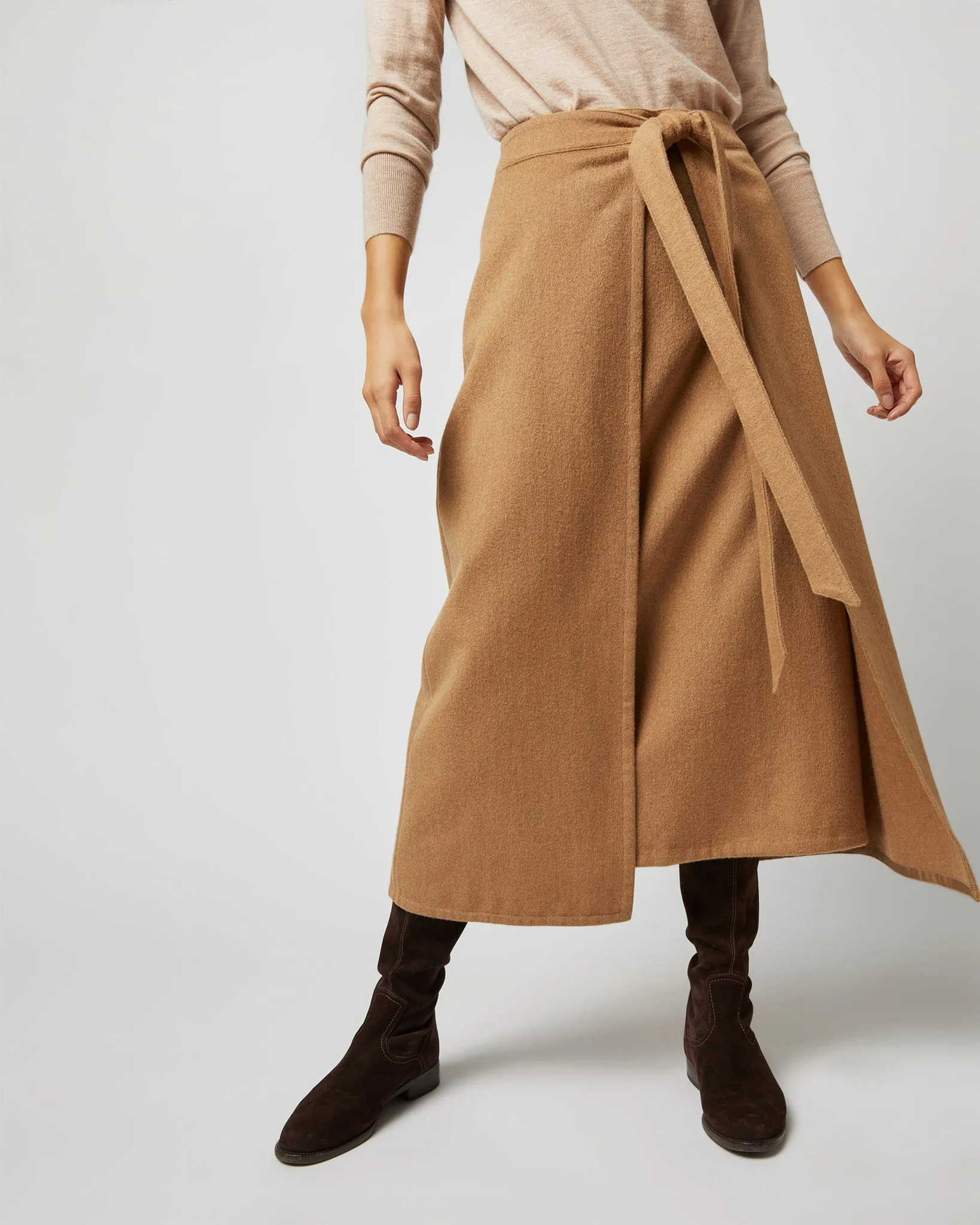 Brooke Tie-Waist Skirt in Camel Hair Flannel