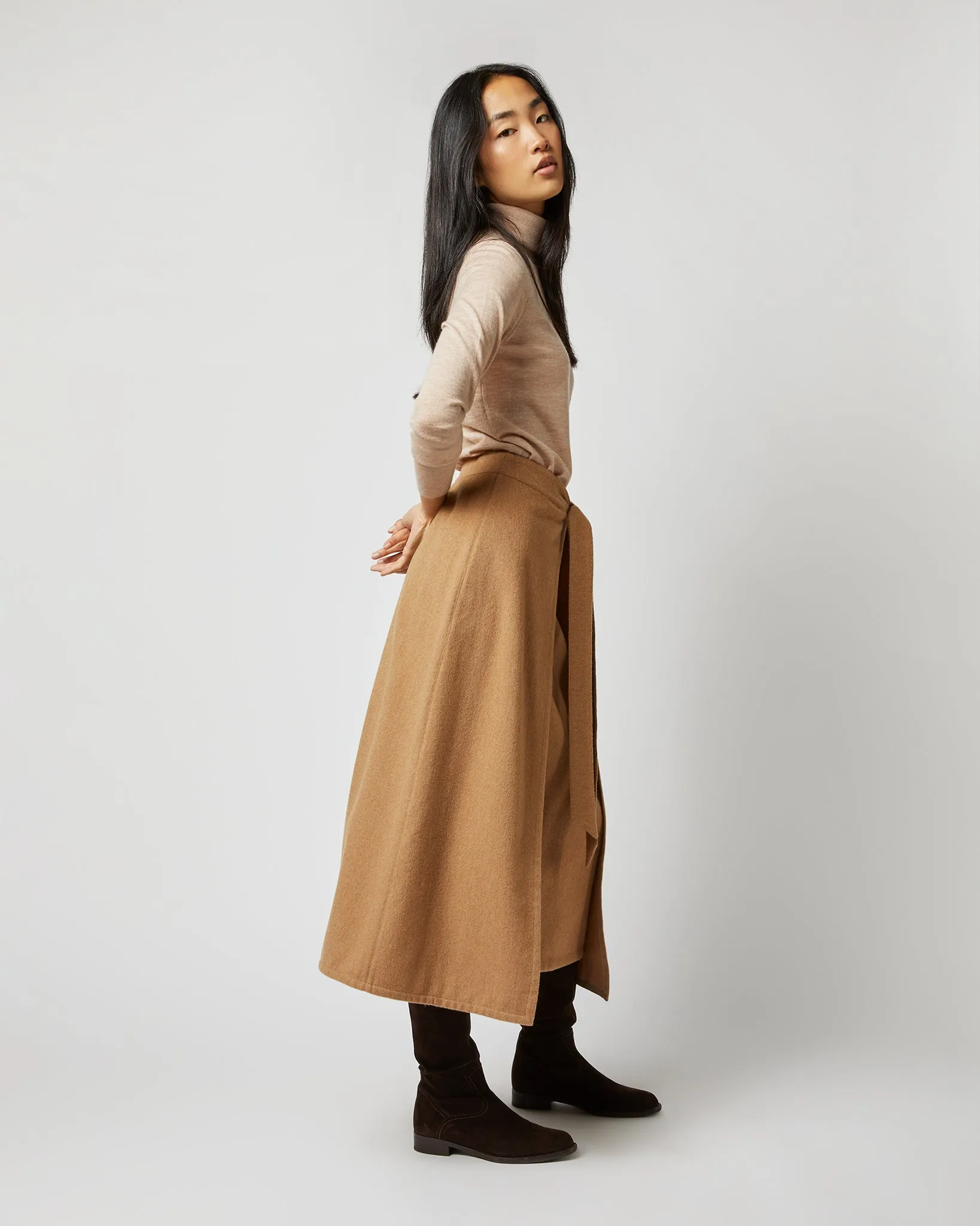 Brooke Tie-Waist Skirt in Camel Hair Flannel
