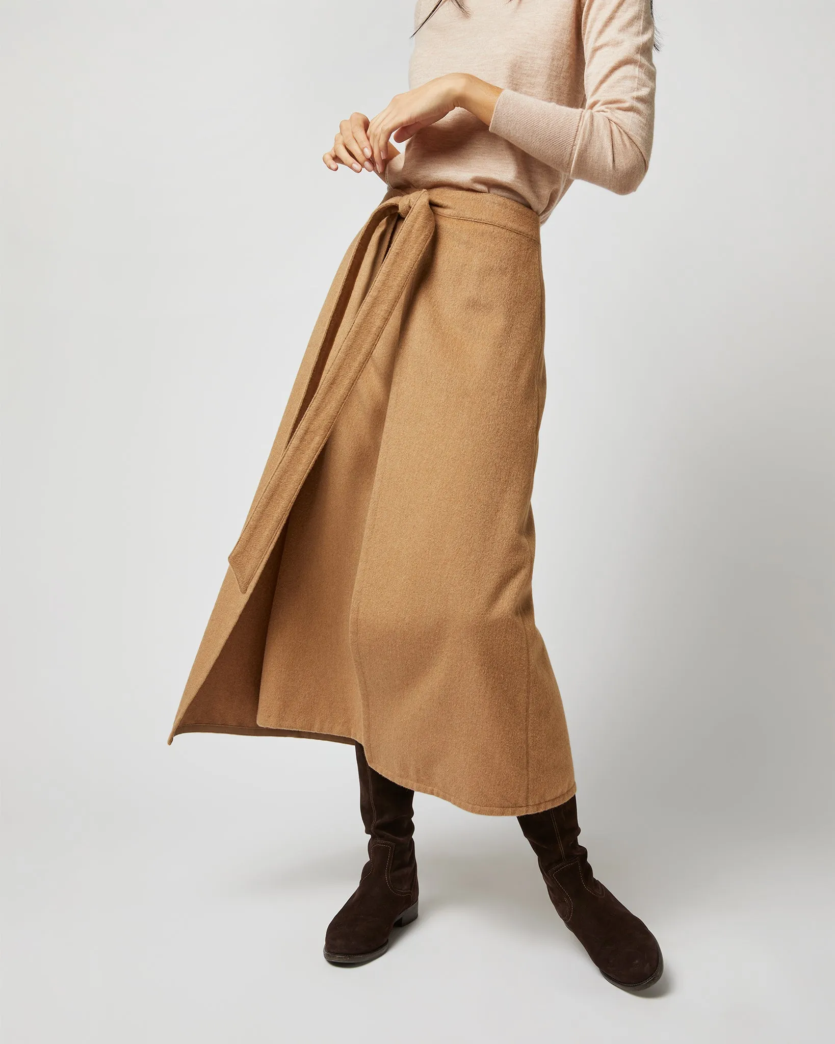 Brooke Tie-Waist Skirt in Camel Hair Flannel