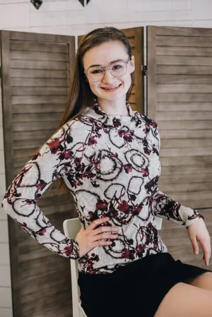 Burgundy Abstract Floral Rib Knit Top