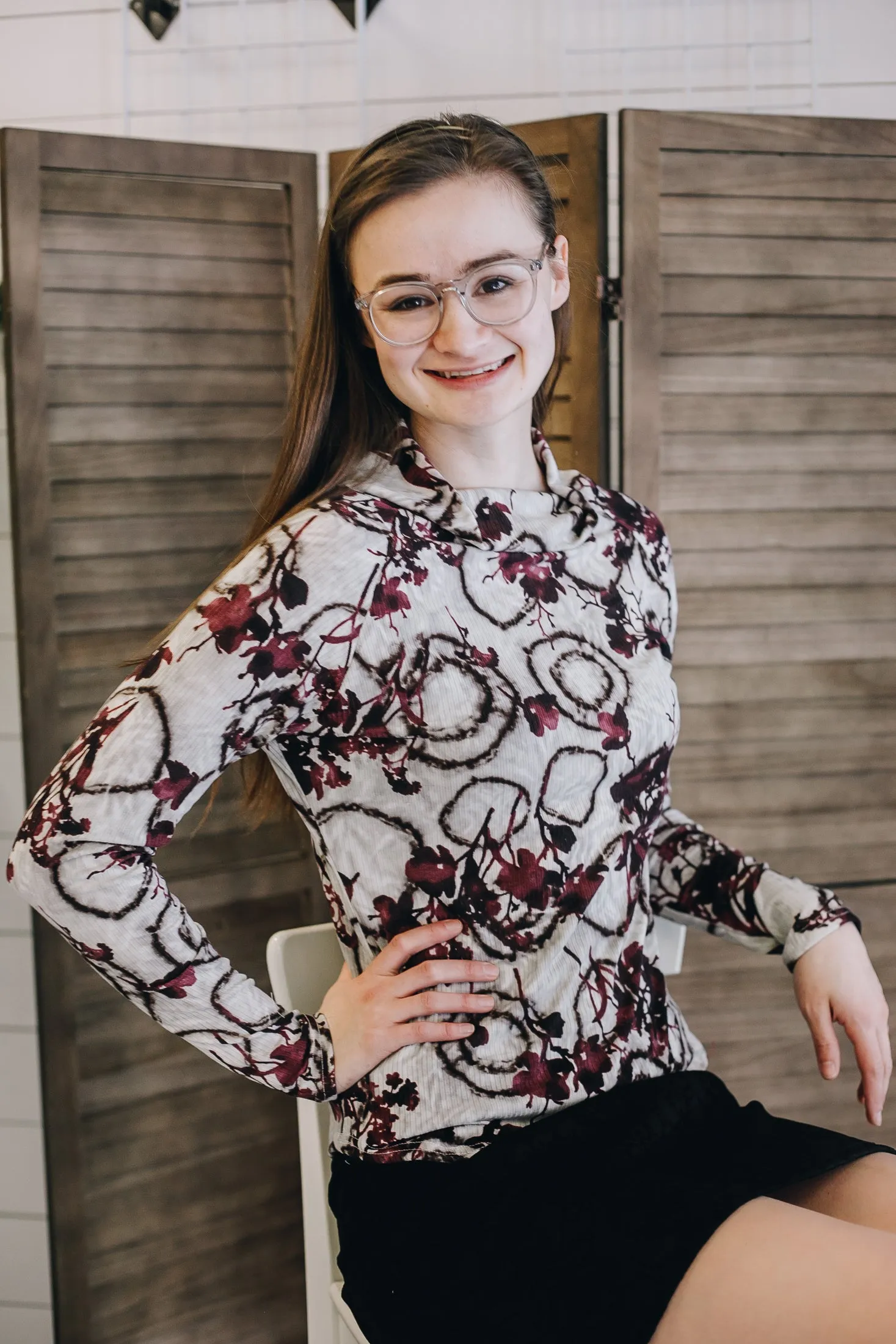 Burgundy Abstract Floral Rib Knit Top