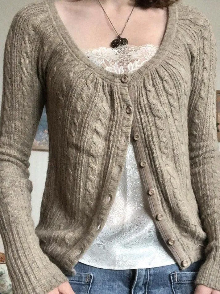 Button Front Cable Knit Top