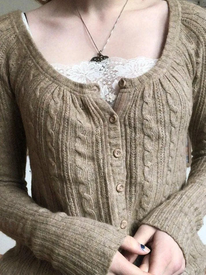 Button Front Cable Knit Top