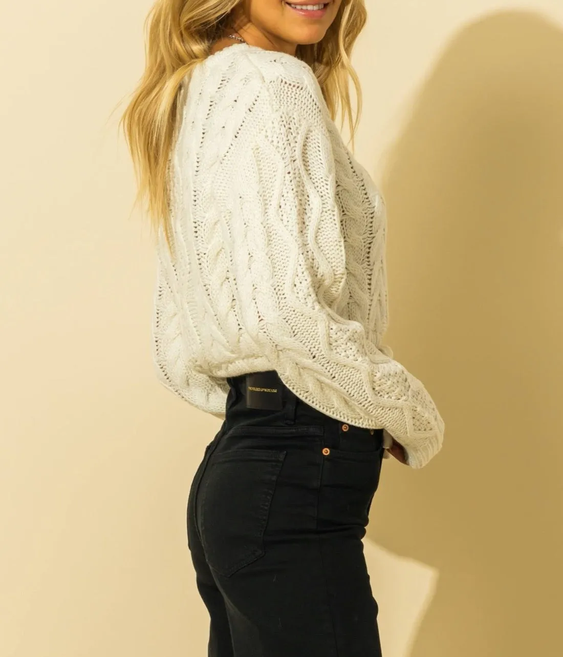 Cable Drawstring Hem Crop Sweater