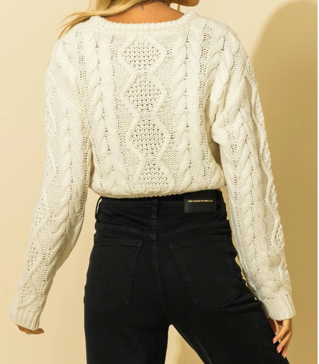 Cable Drawstring Hem Crop Sweater
