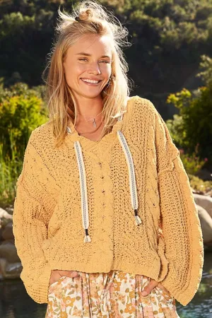Cable Knit Hooded Chenille Sweater in Honey Gold