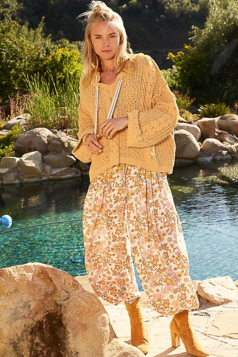 Cable Knit Hooded Chenille Sweater in Honey Gold