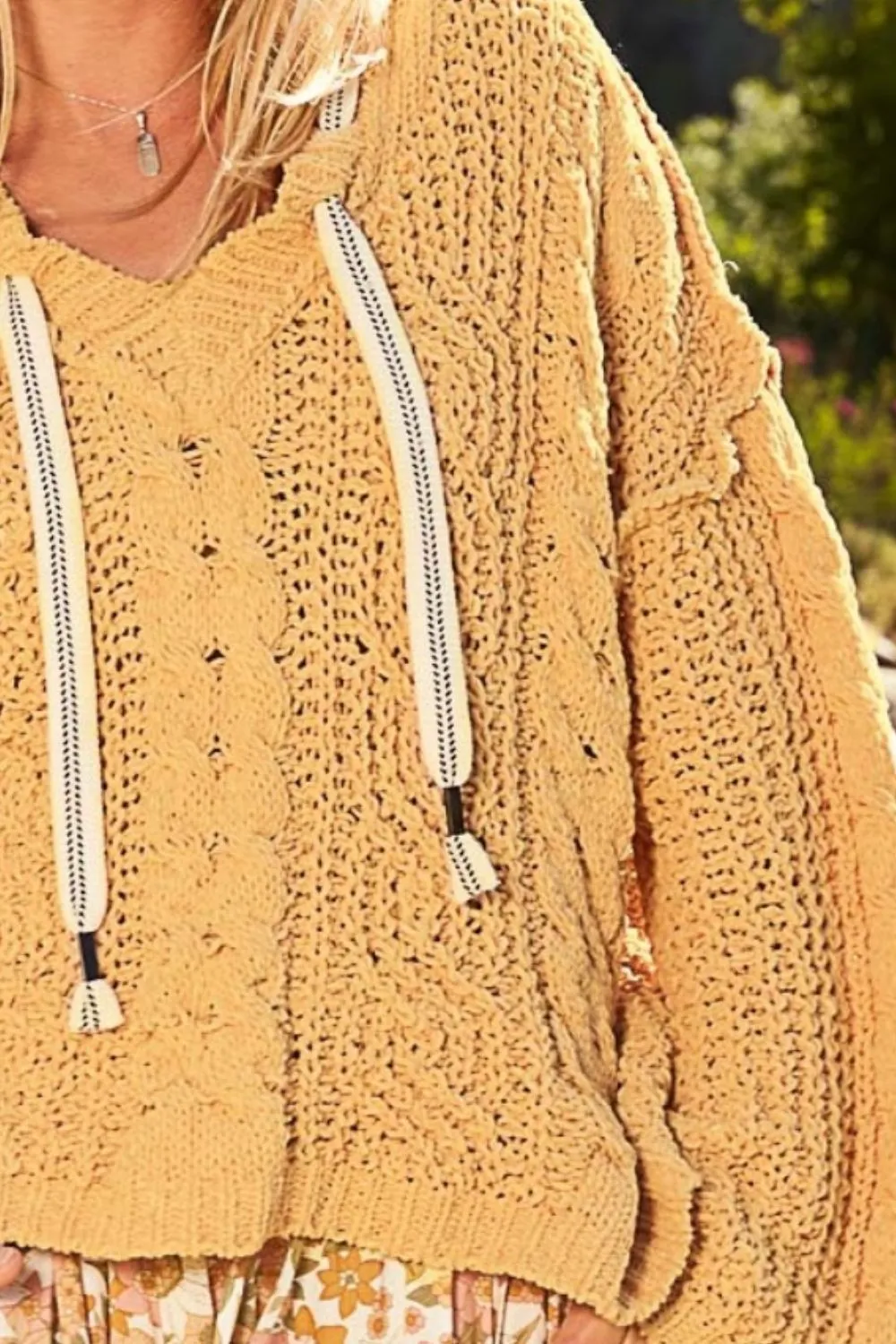 Cable Knit Hooded Chenille Sweater in Honey Gold