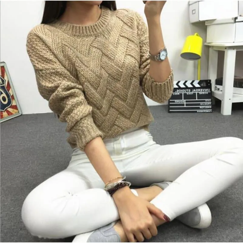 Cable  Pullover Female Casual Plaid  Sweater