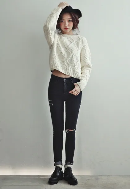 Cable Retro Solid Color Scoop Knit Sweater