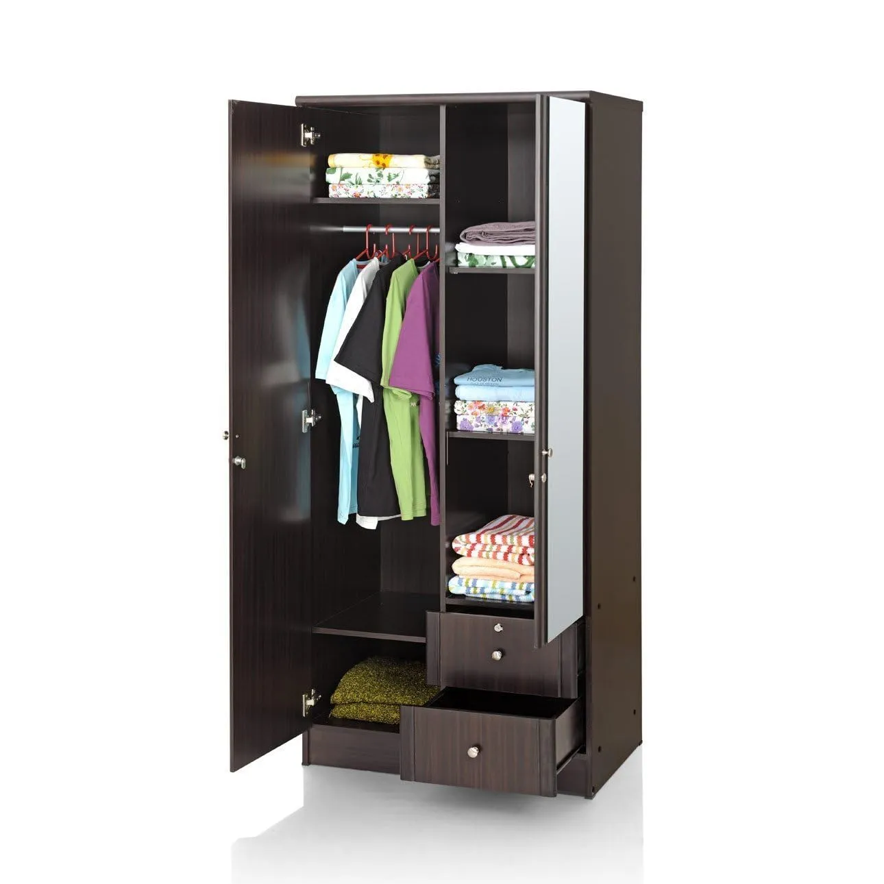 CASPIAN Furniture 2 Door Wardrobe with Mirror for Bedroom |Value Cupboard with Adequate 2 Drawers and Hanging Space for Clothes | Colour Rainforest Dark | Pre Assembled (Medium (Width 30 inches))