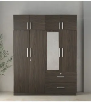 CASPIAN Furniture 4 Door Wardrobe for Bedroom with Loft and Mirror (Rainforest Dark) (Size 80 x 62 x 20 inches)