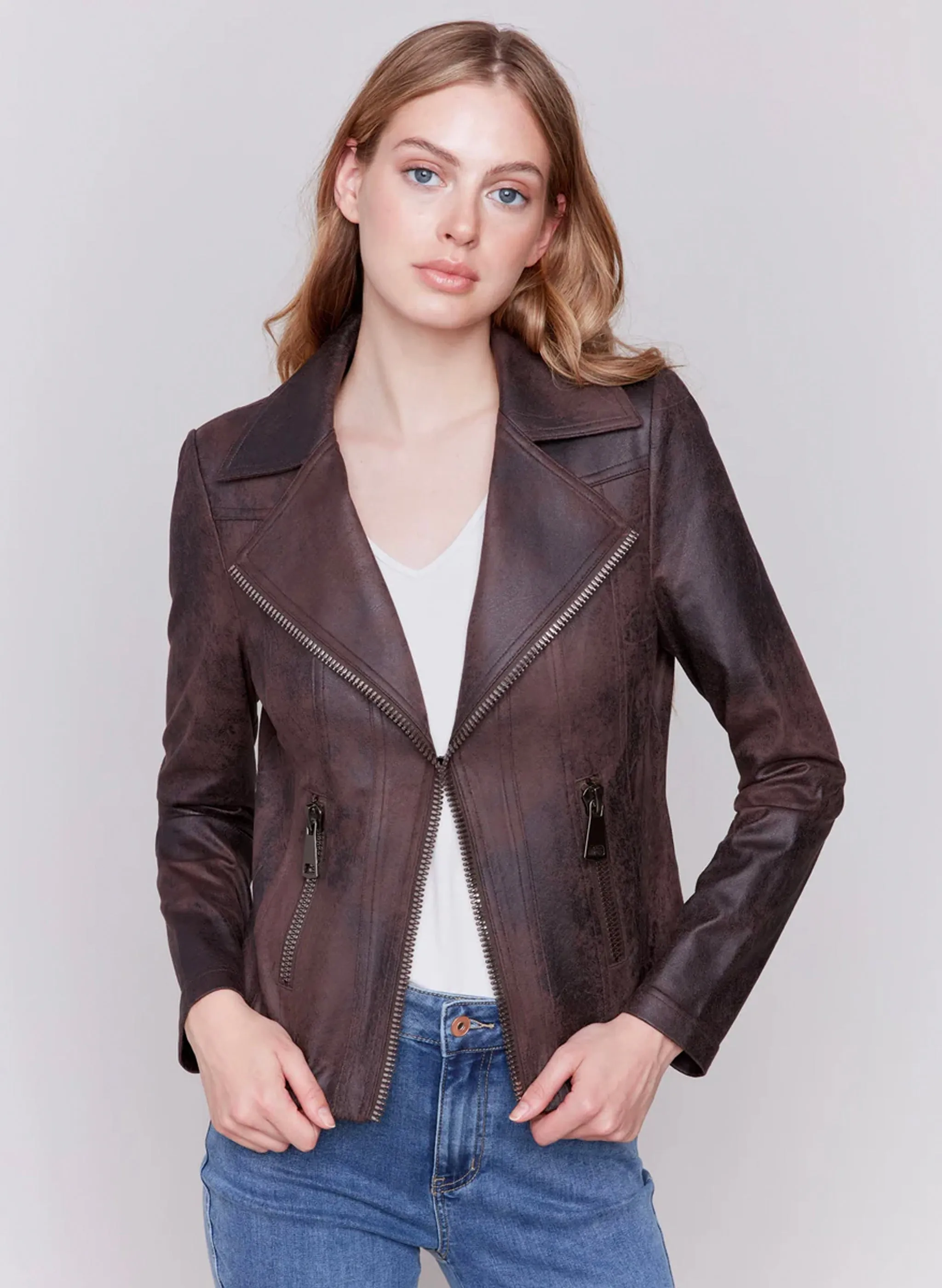 Charlie B - Faux Leather Moto Jacket - Mocha