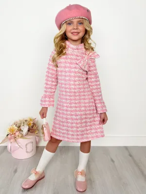 CHARMING CHECKERED TWEED PINK WITH ACCENT BOW DRESS