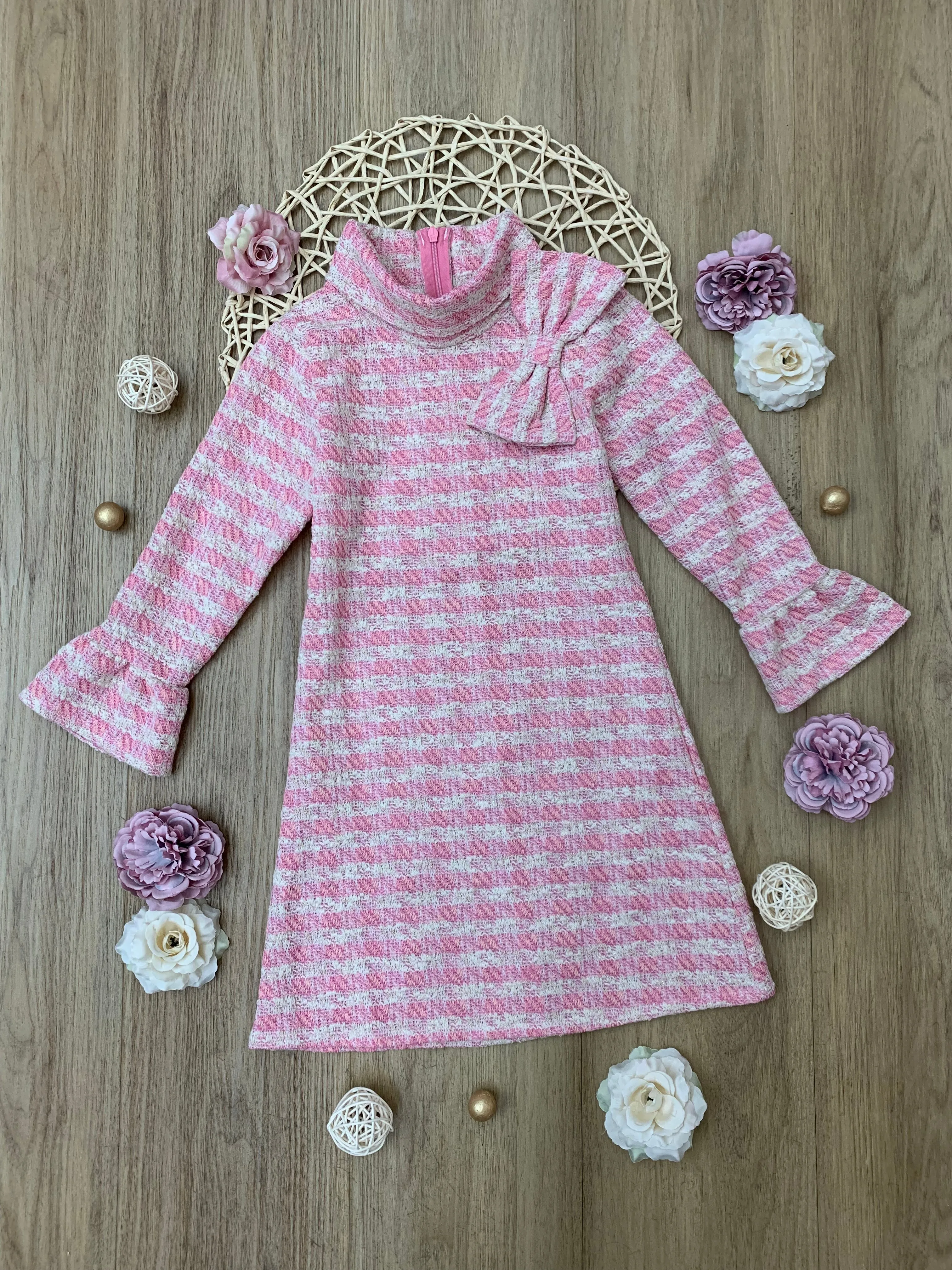 CHARMING CHECKERED TWEED PINK WITH ACCENT BOW DRESS