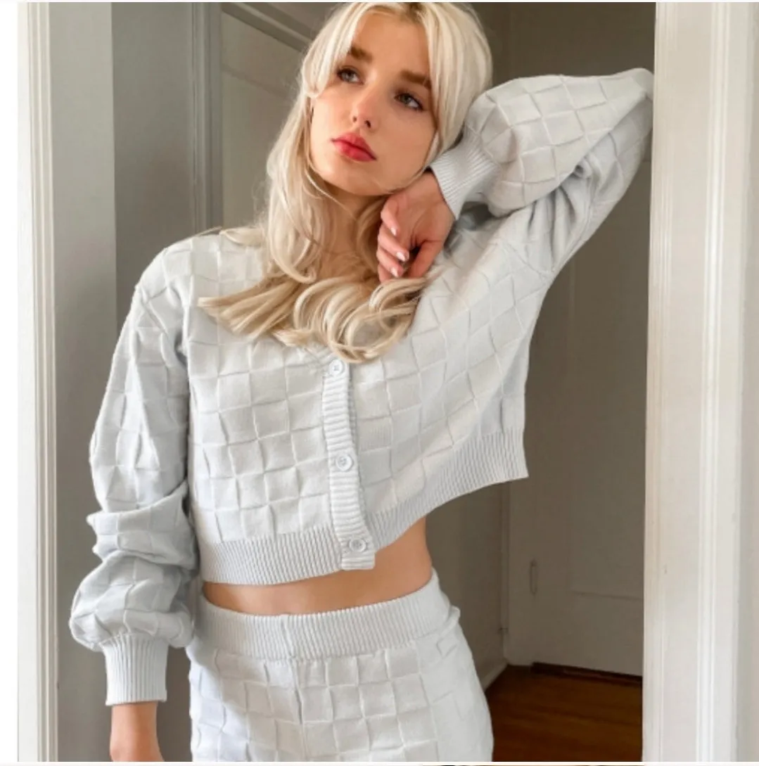 Check Knit Cardigan Sweater