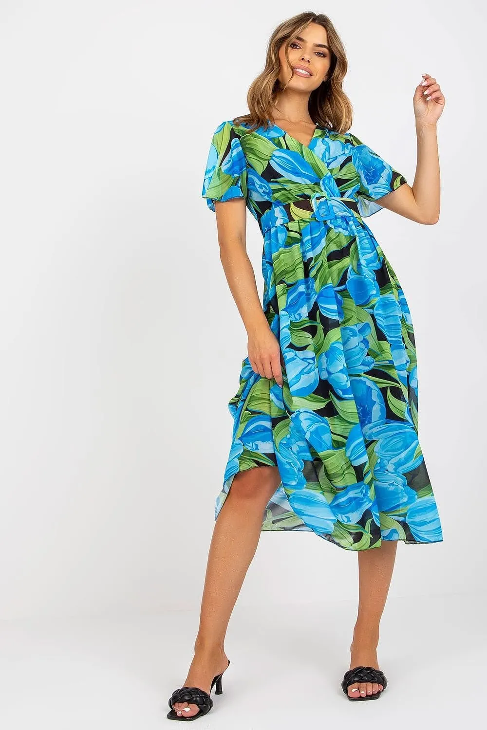 Chic Midi Dress with Colorful Prints and Coordinating Belt