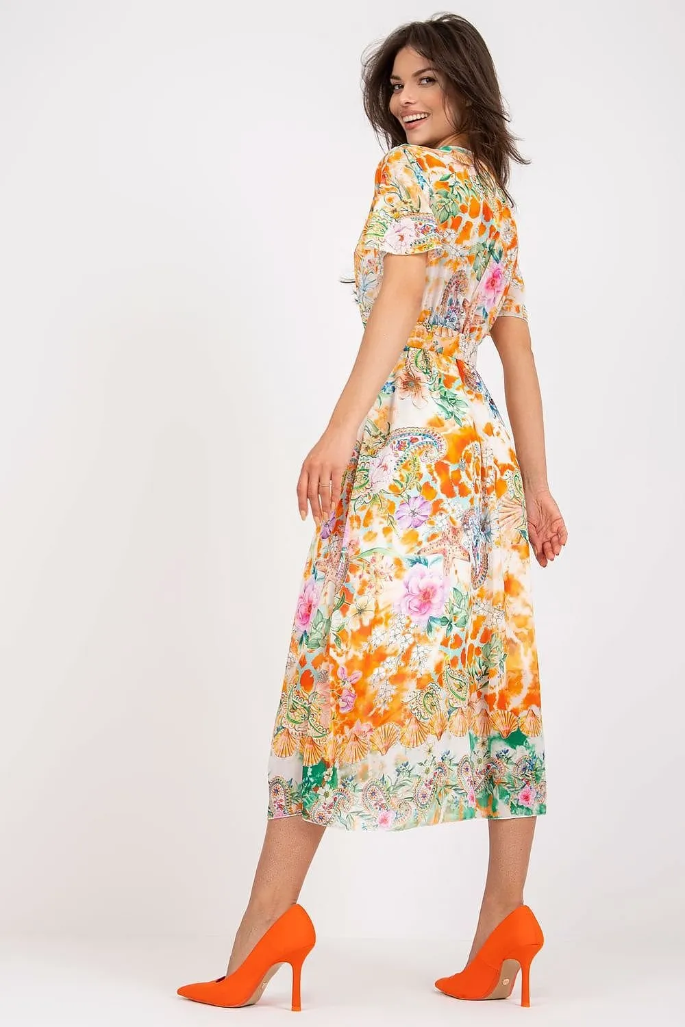 Chic Midi Dress with Colorful Prints and Coordinating Belt