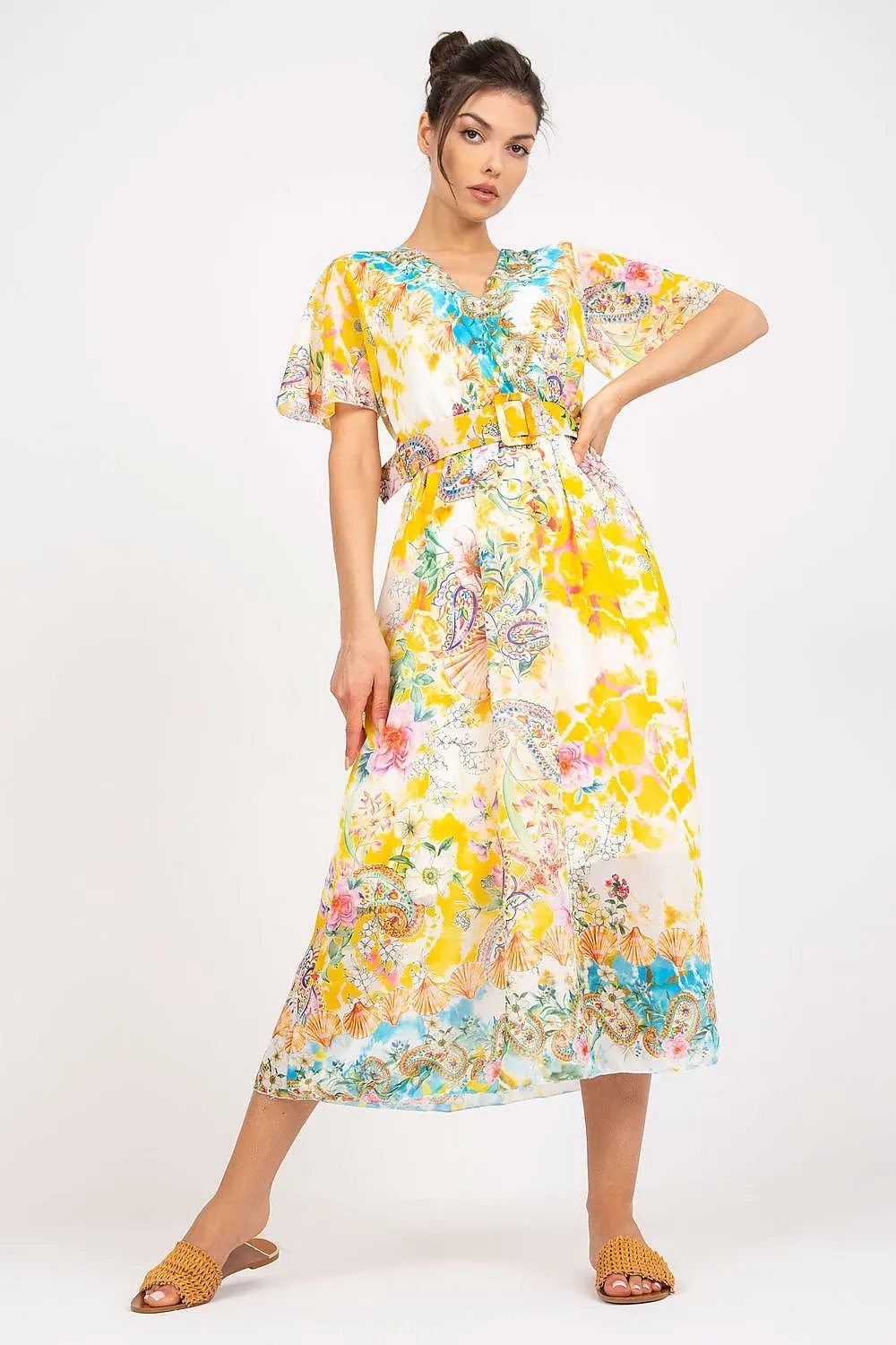 Chic Midi Dress with Colorful Prints and Coordinating Belt