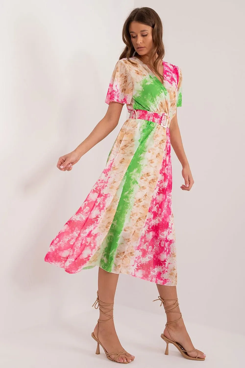 Chic Midi Dress with Colorful Prints and Coordinating Belt