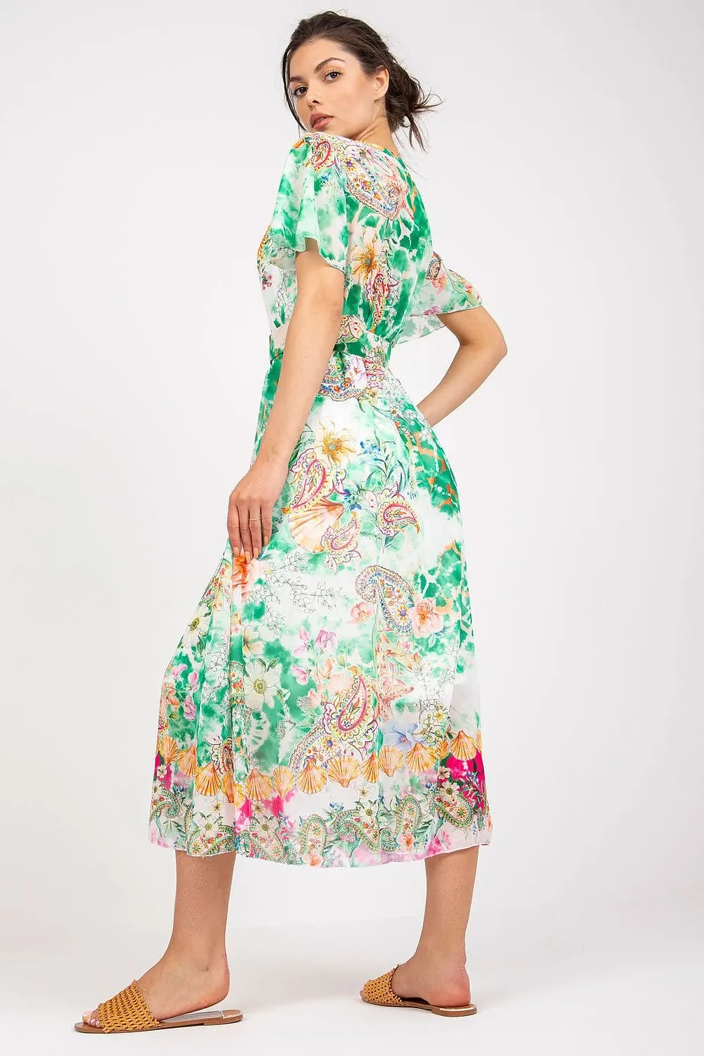 Chic Midi Dress with Colorful Prints and Coordinating Belt