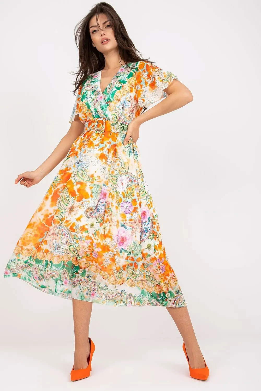 Chic Midi Dress with Colorful Prints and Coordinating Belt