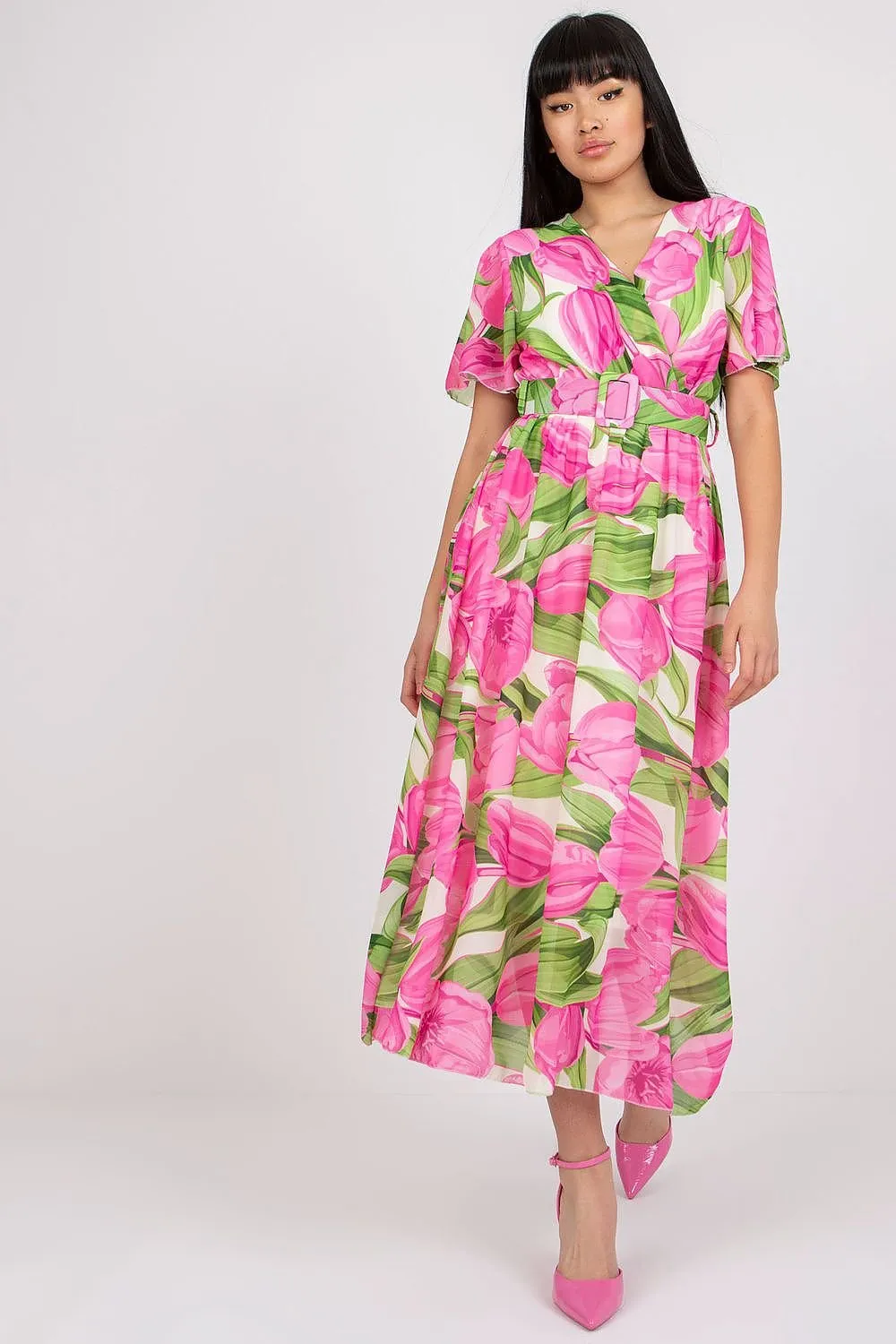 Chic Midi Dress with Colorful Prints and Coordinating Belt