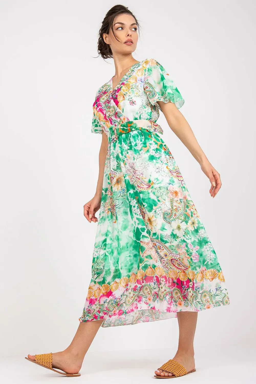 Chic Midi Dress with Colorful Prints and Coordinating Belt