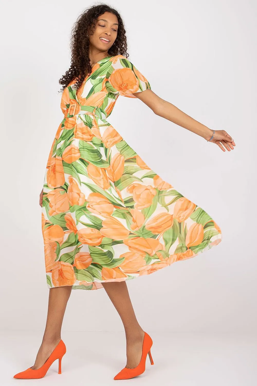 Chic Midi Dress with Colorful Prints and Coordinating Belt