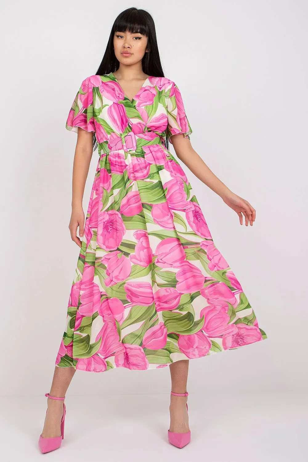 Chic Midi Dress with Colorful Prints and Coordinating Belt