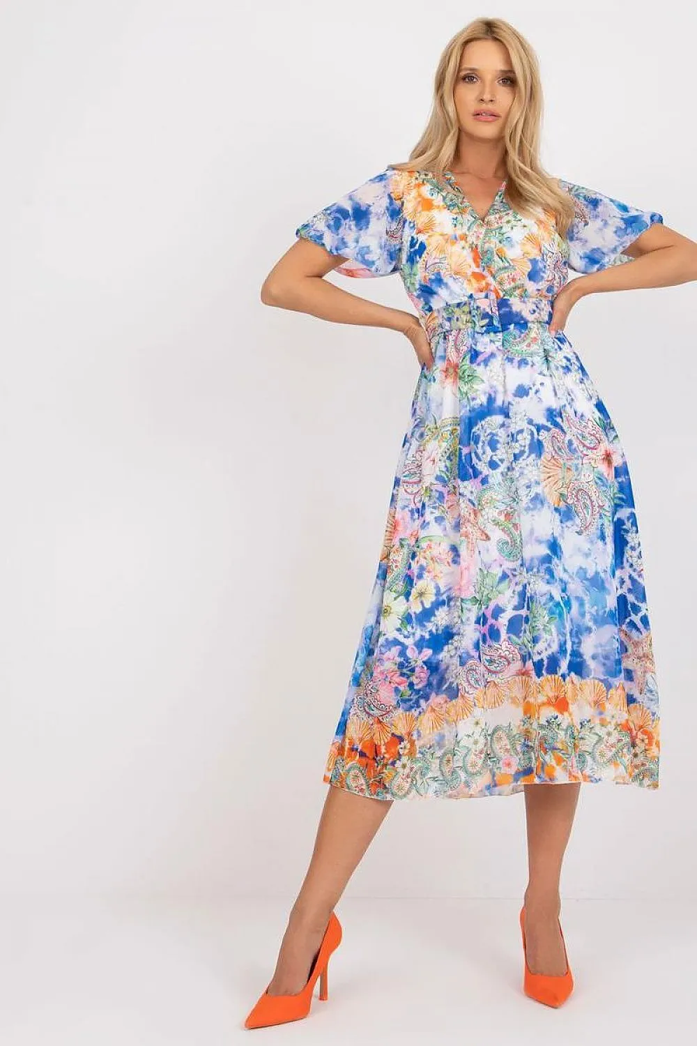 Chic Midi Dress with Colorful Prints and Coordinating Belt
