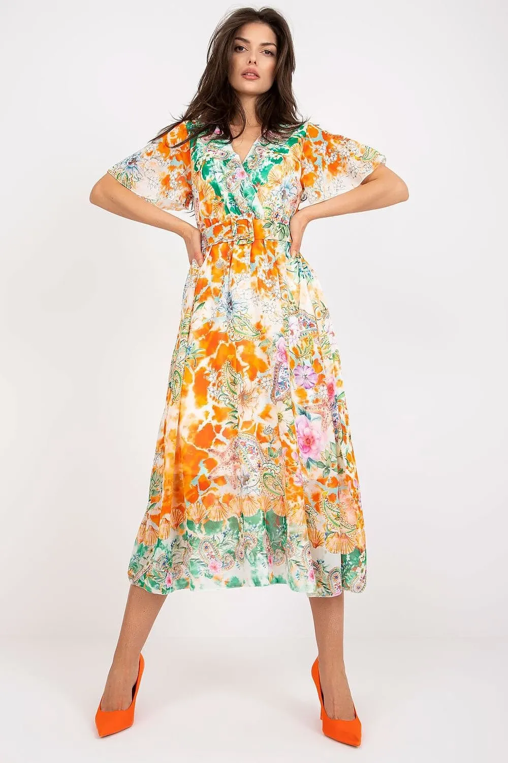 Chic Midi Dress with Colorful Prints and Coordinating Belt