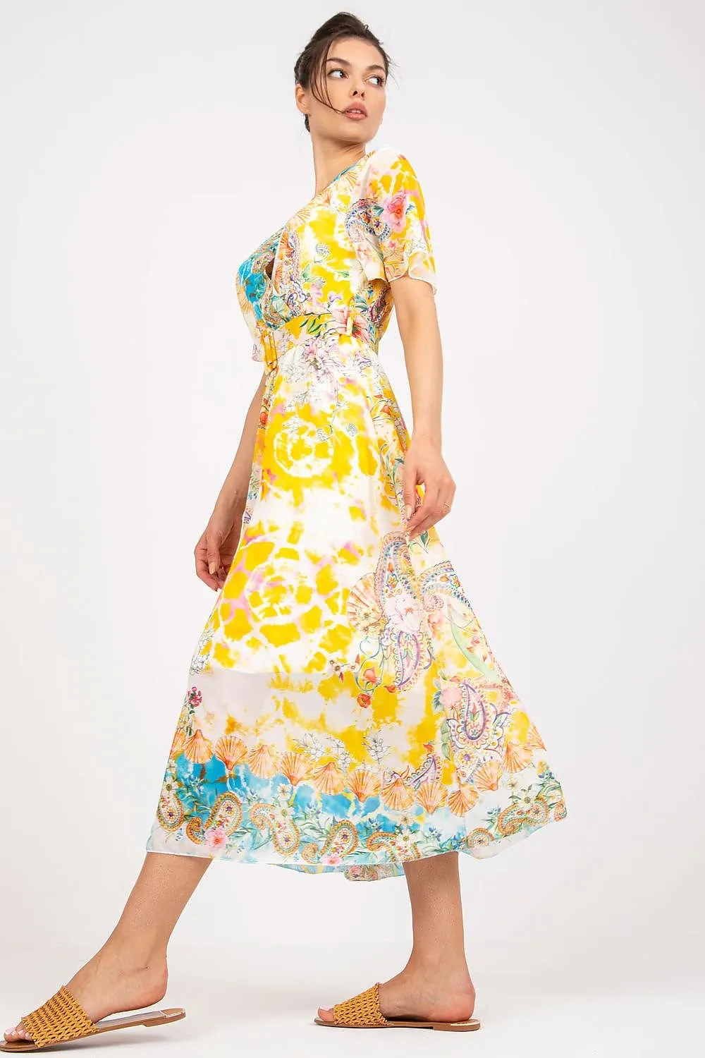 Chic Midi Dress with Colorful Prints and Coordinating Belt