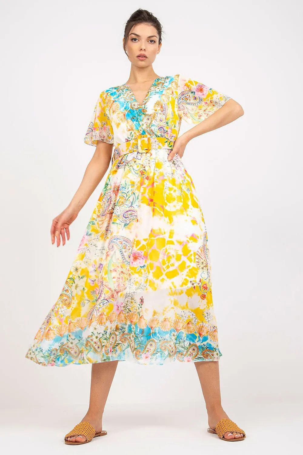 Chic Midi Dress with Colorful Prints and Coordinating Belt