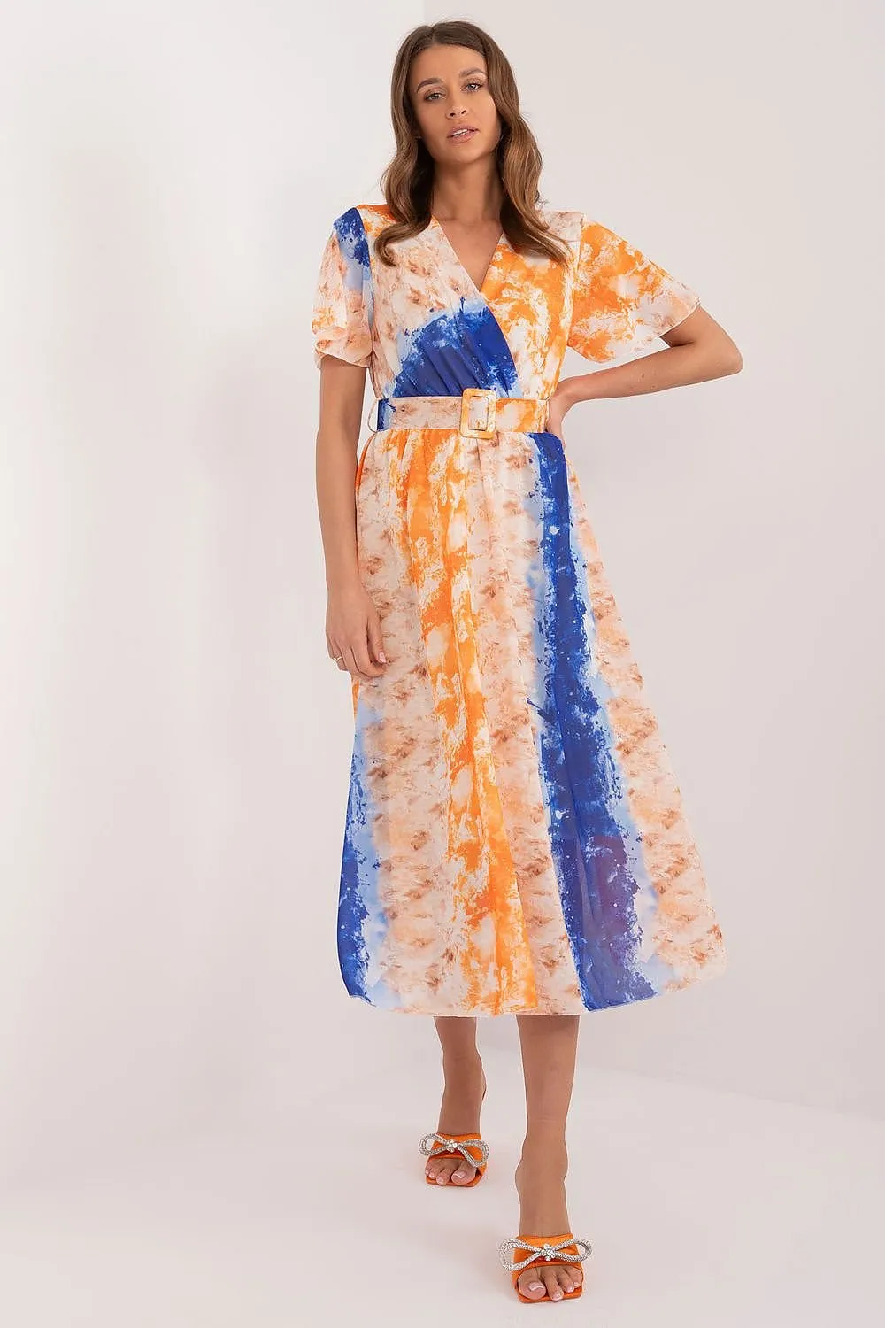 Chic Midi Dress with Colorful Prints and Coordinating Belt