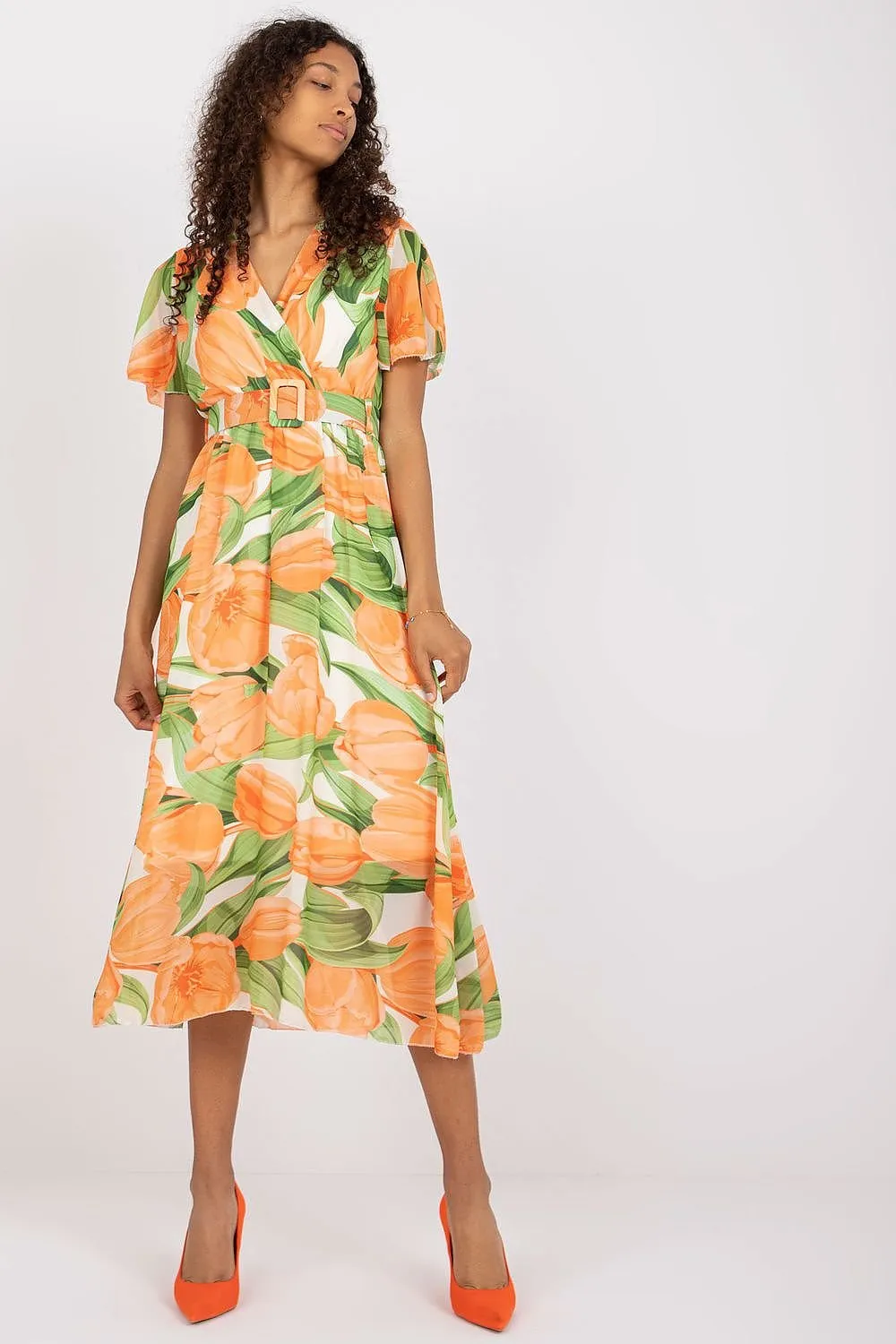 Chic Midi Dress with Colorful Prints and Coordinating Belt