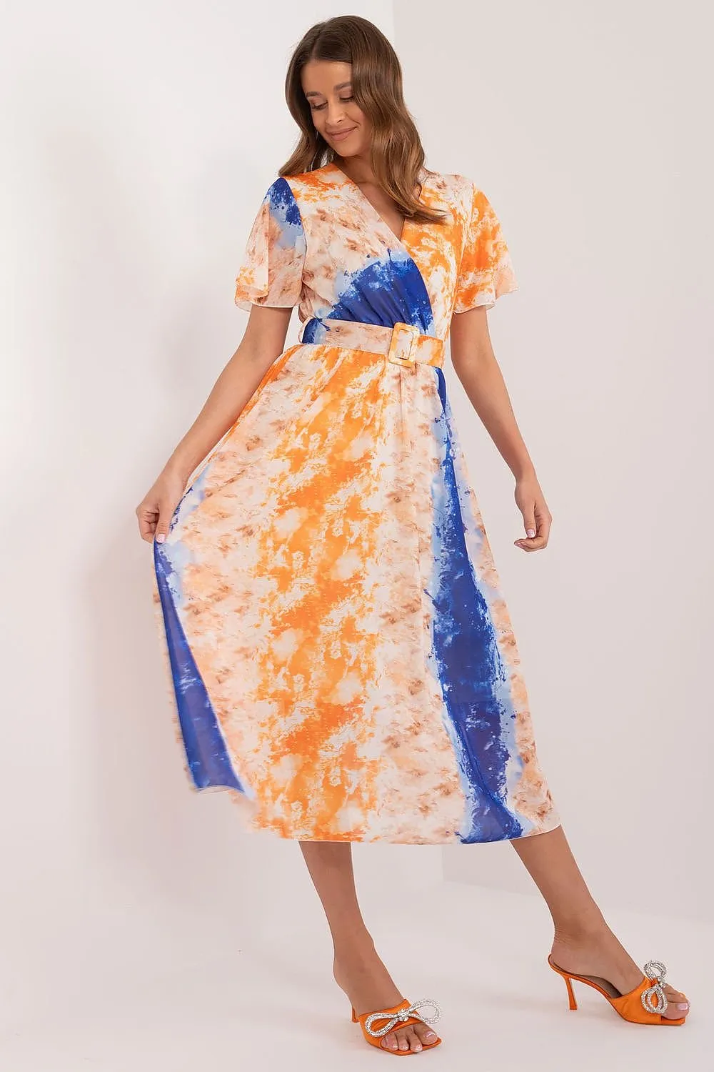 Chic Midi Dress with Colorful Prints and Coordinating Belt