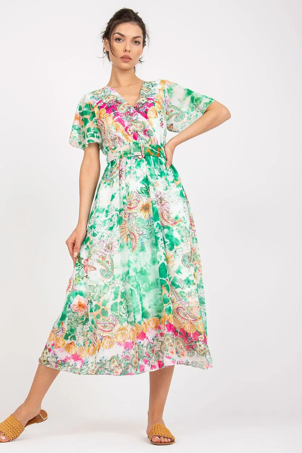 Chic Midi Dress with Colorful Prints and Coordinating Belt