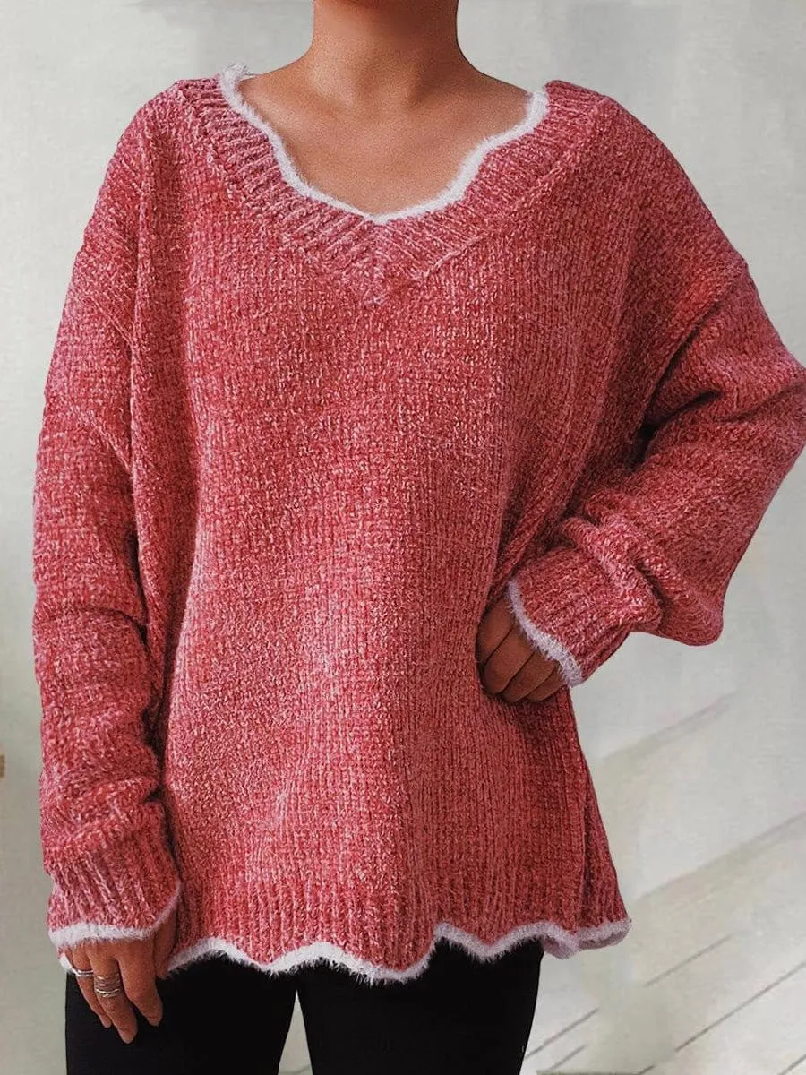 Chicmy-European and American casual women's clothing Solid Wavy Neck Long Sleeve Sweater