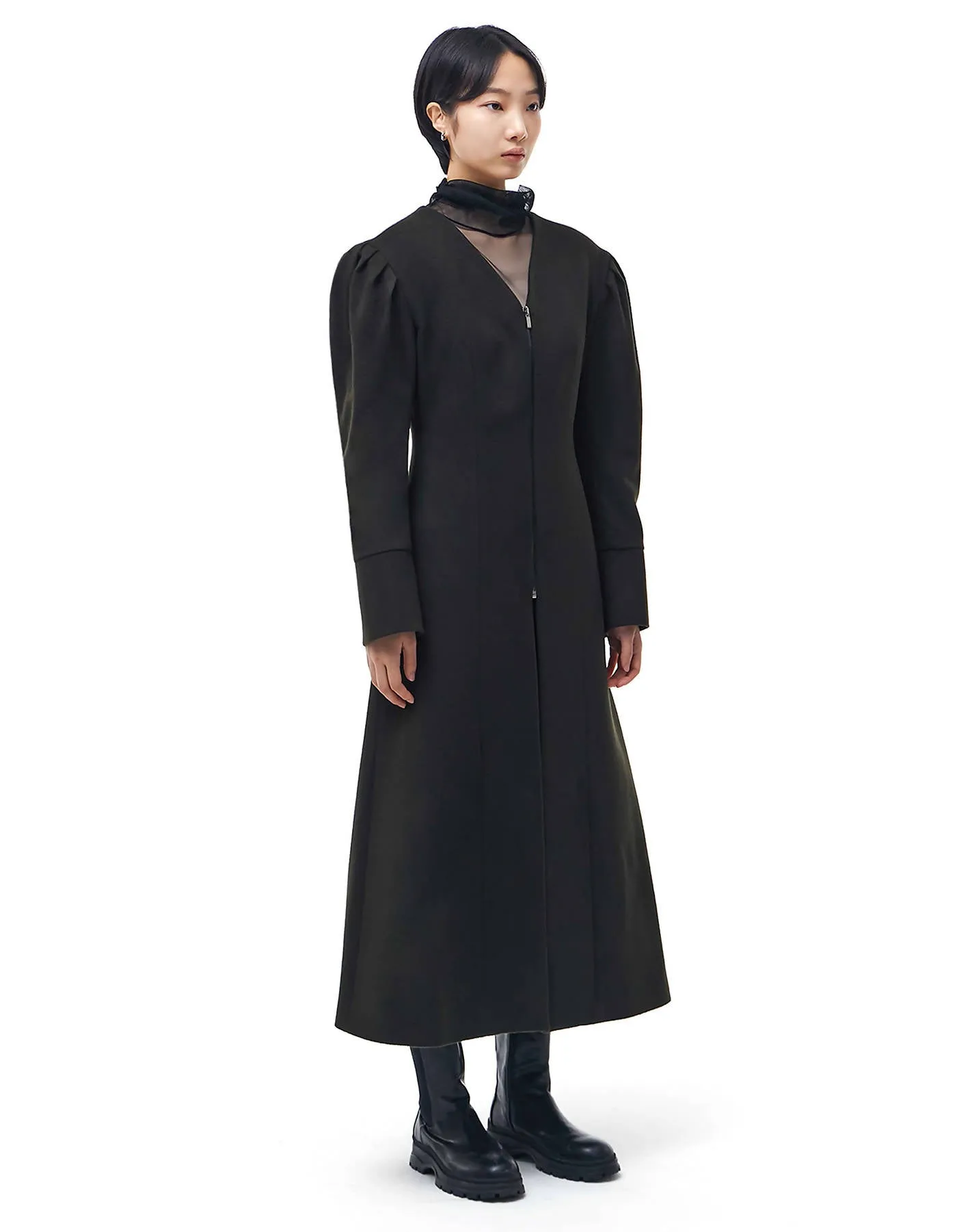 Collarless Long Wool Coat
