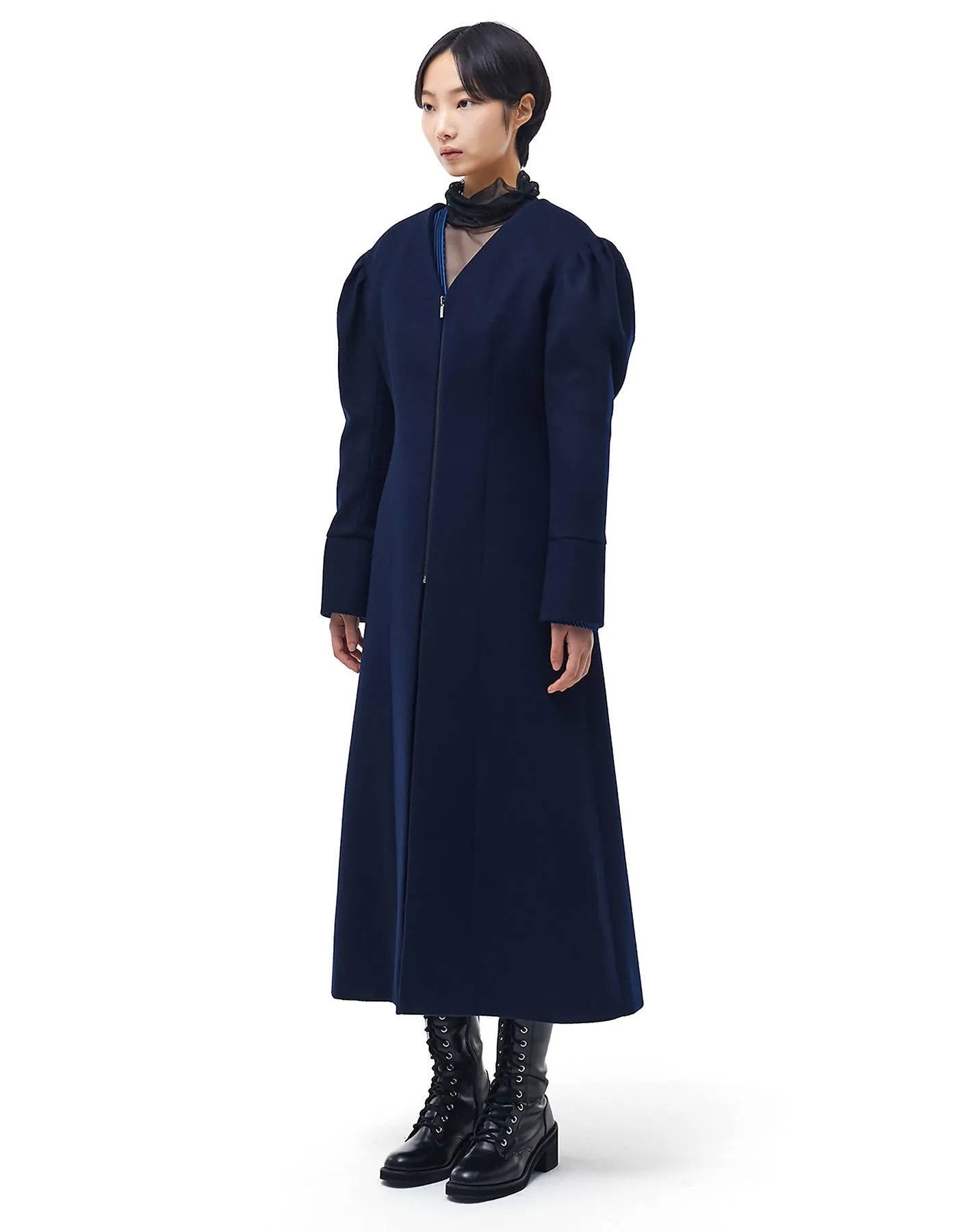 Collarless Long Wool Coat