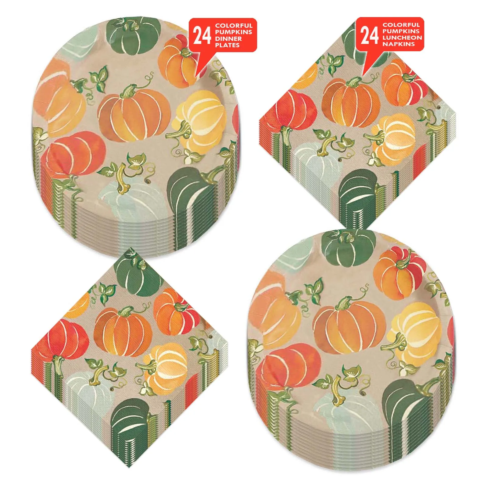 Colorful Fall Pumpkins Round Paper Dinner Plates and Lunch Napkins (Serves 16)